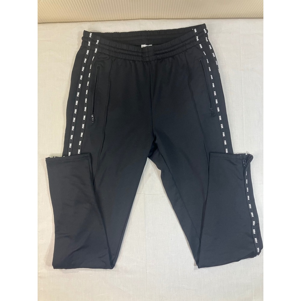 PINK Victorias Secret Black Logo Taped Side Stripe Zip Ankle Track Pants Medium